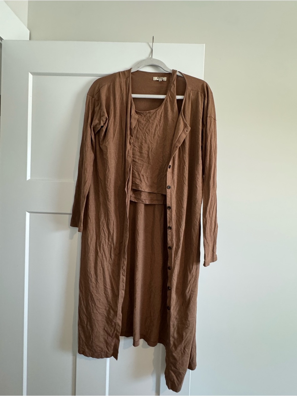 Madewell Long Button-Front Layered Cardigan and Tank Set in Brown